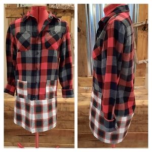 Upcycled flannel plaid shirt coat Girls L shacket duster handmade